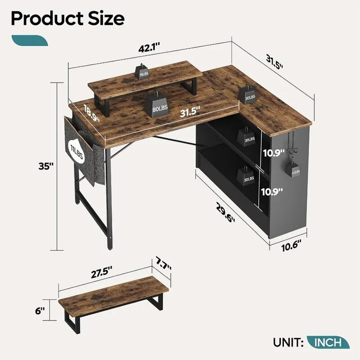 L Shaped Desk with Storage Reversible Corner Computer Desk, Writing Study Desk for Home Office Small Space Bedroom Apartment