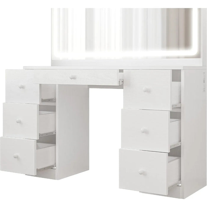 Makeup table with LED illuminated mirror and power socket, 7-drawer makeup table with stool,bedroom use,white,dressing table set