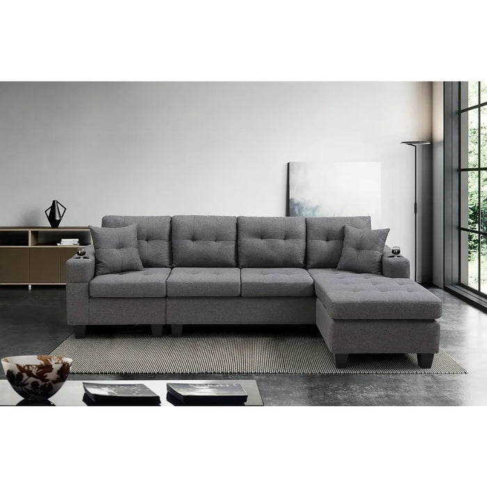 Living room sofa reversible chaise longue and cup holder, modern L-shaped sofa corner sofa set, grey