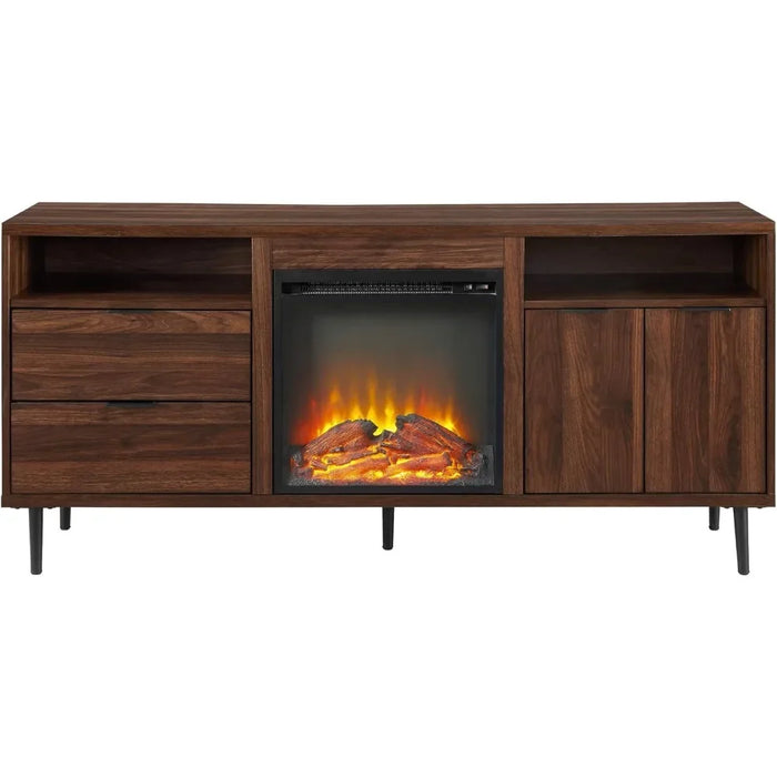Wood Fireplace TV Stand with Cabinet Doors and Drawers for TV's up to 65" Flat Screen Universal TV Console, 60 Inch, Dark Walnut