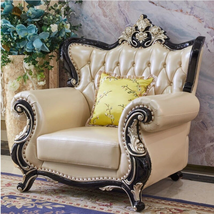 European Style Real Leather Solid Wood Living Room Sofa Set 123 Combination Classical New Painted Oak Carving House Furniture
