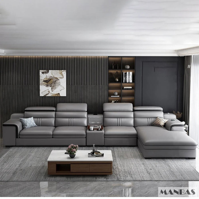 Linlamlim Leather Sectional Sofa Set with Cup Holder, USB, Adjustable Headrests & Bluetooth Speaker Living Room Couch with Stool