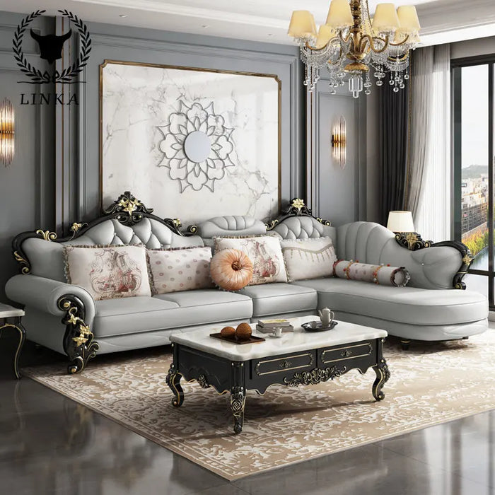 European Leather Sofa Combination Living Room High-end Luxury Modern American Light Luxury Corner Solid Wood Furniture