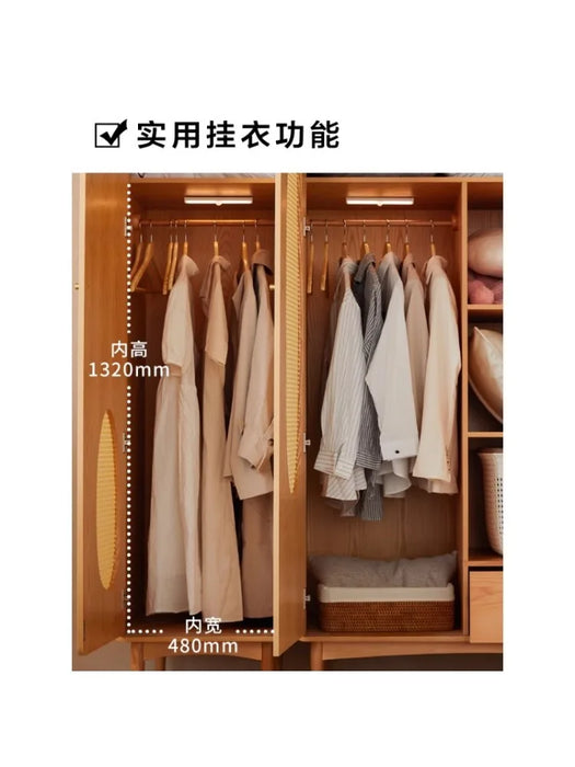 Nordic Rattan Solid Wood Wardrobe Cabinet Assembly Storage Household Double Door Hanging Pressing Wardrobe