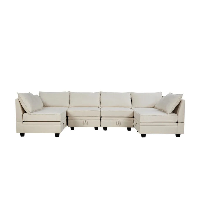 115" Large U/L Shaped Sectional Sofa with Storage Seat and Removable Cushions, Beige, 6 Seat Convertible Couch Sleeper Bed