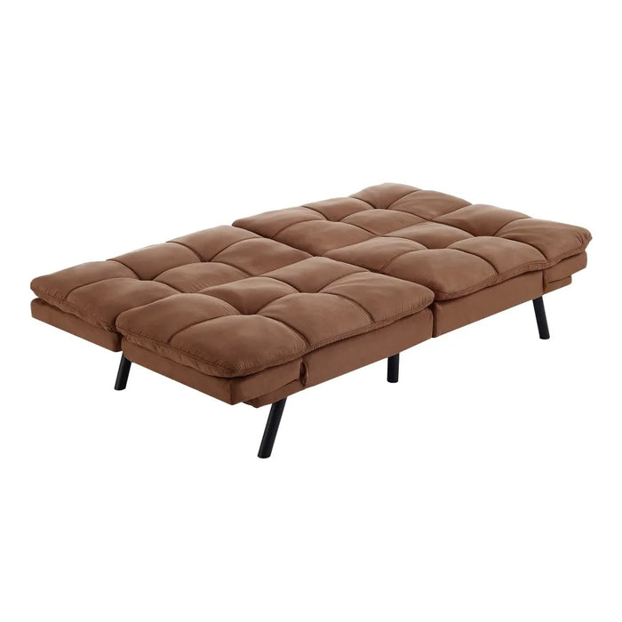 Memory Foam Futon with Adjustable Armrests , Camel Faux Suede Fabric for Adults Living Room Furniture