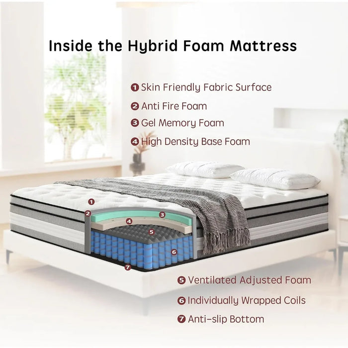 King Mattress,12 Inch Innerspring Hybrid Mattress in a Box with Gel Memory Foam,Individually Wrapped Encased Coil Pocket Spring