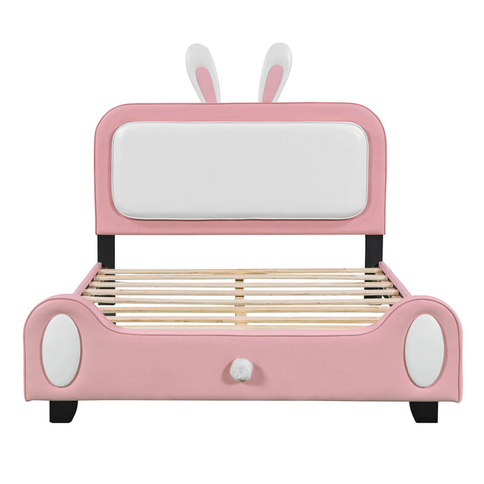 [Flash Sale]Full/Twin Size Upholstered Rabbit-Shape Princess Bed Platform Bed Frame with Headboard & Footboard White+Pink[US-W]