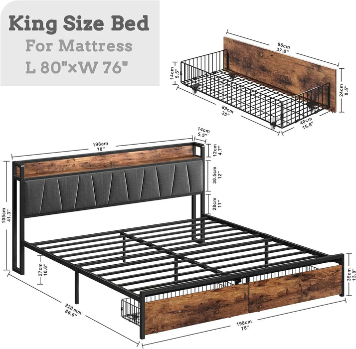 LIKIMIO King Size Bed Frame, Storage Headboard with Charging Station, Platform Bed with Drawers, No Box Spring Needed