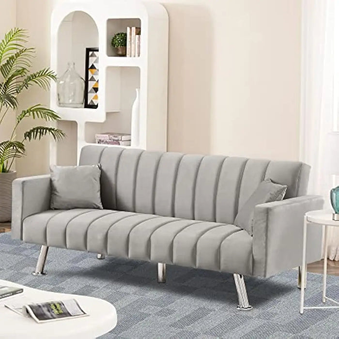 Sofa Bed, Upholstered Convertible Sofa Bed with 2 Pillows, Modern Sleeper Sofa Couch with Wooden Frame and Metal Legs (Gray)