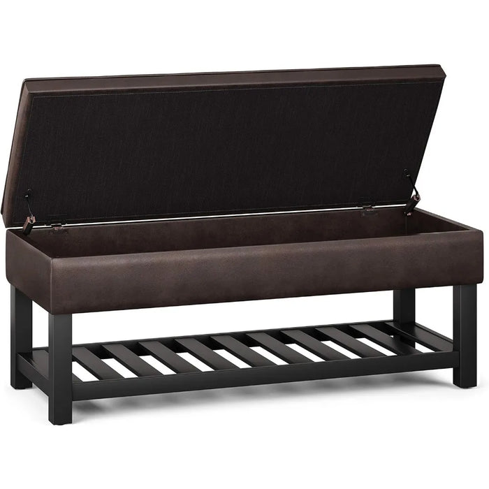 Entryway Footstool, Open Bottom in Distressed Brown Faux Leather, 44 Inch Wide Rectangle Storage Ottoman Bench