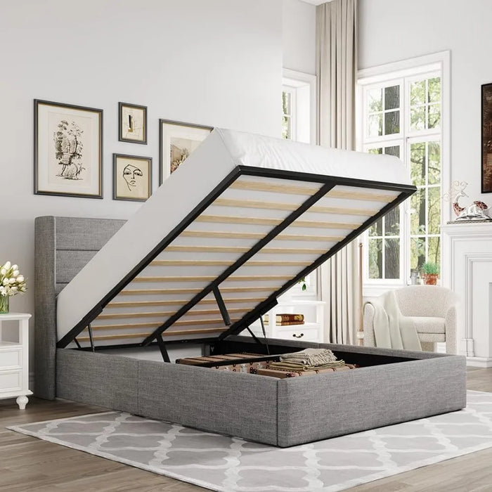 Bedroom furniture large lift storage bed, modern wing-back headboard, no springs required, hydraulic storage, light beige