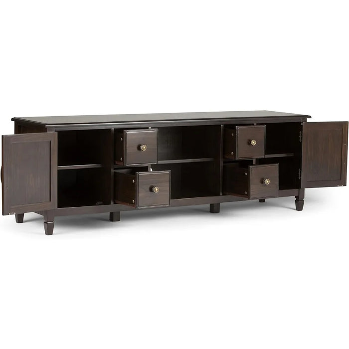 SOLID WOOD 72 Inch Wide Traditional TV Media Stand in Dark Chestnut Brown for TVs up to 80 Inches, for living room, bedroom