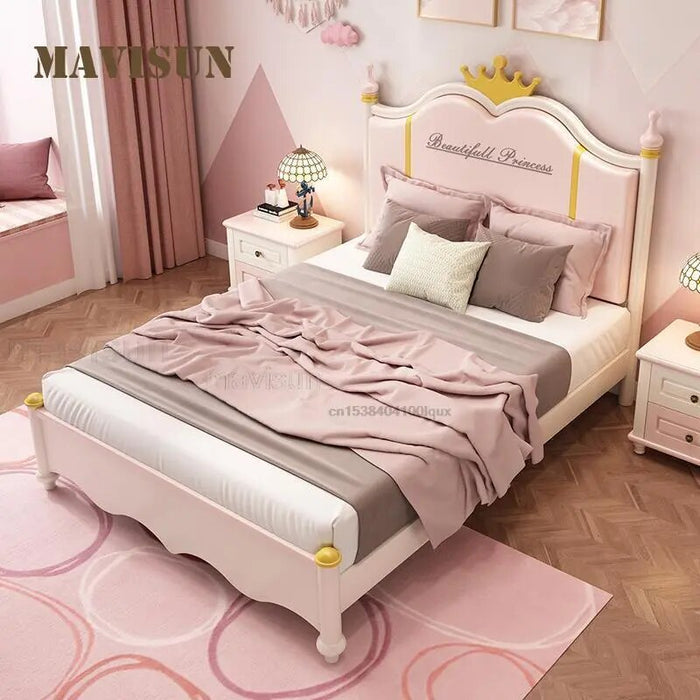 Nordic Modern Pink Children's Bed For Girl With Solid Wood Frame Loft Princess Bed 1.2m 1.5m Children's Room Furniture Set