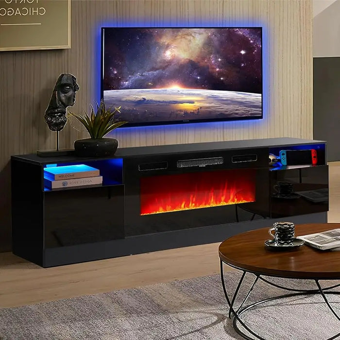 Modern Wood Texture Entertainment Stand with Highlight Storage Cabinet for TVs Up to 80", 70 inches, Black
