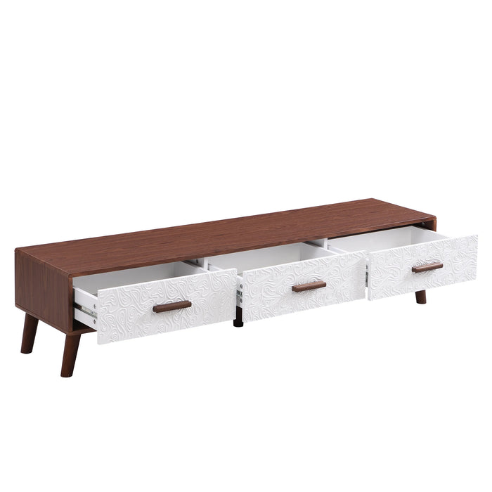 3-Piece Set: TV Stand & 2 End Tables with Drawers, Embossed Patterns, Brown+White - Elegant Living Room Ensemble