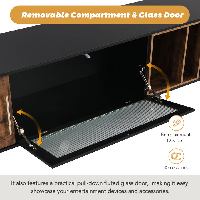 Stylish TV Stand W/Golden Metal Handles&Legs&Removable Compartment 2-Tone TV Cabinet Fluted Glass Door Media Console for 80" TVs