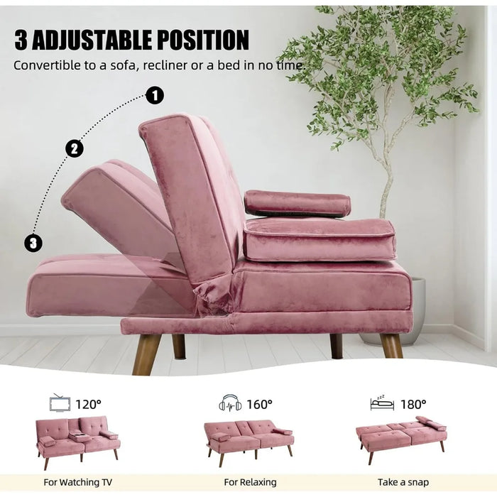 3 in 1 Cute Convertible Sofa Bed 60" Small Loveseat Modern Futon Recliner Sleeper W/2 Cup Holder Pink Freight Free Couch Sofas