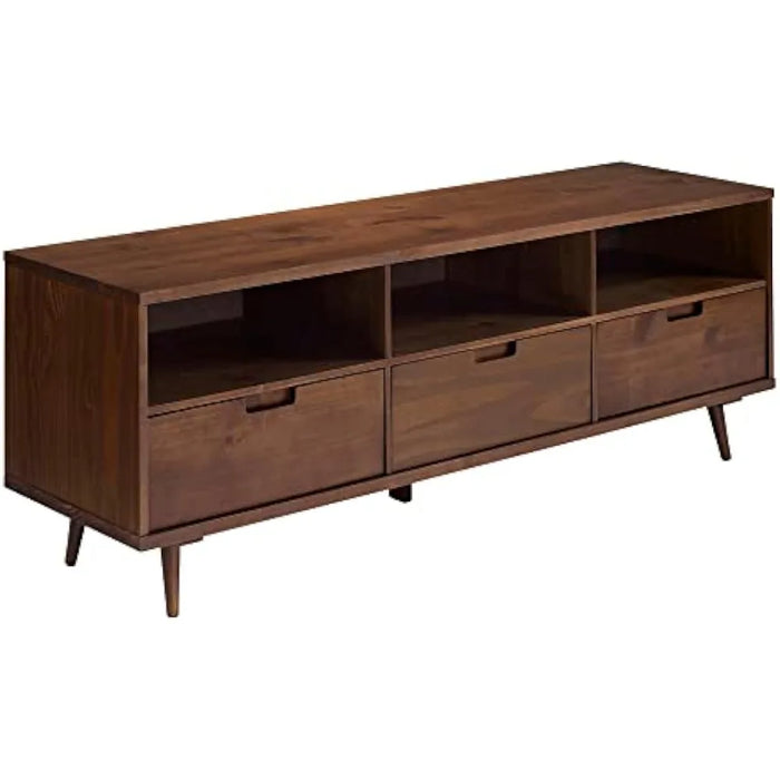 Walker Edison Millie Mid Century Modern 3 Drawer Solid Wood Low Stand for TVs up to 80 Inches, 70 Inch, Walnut