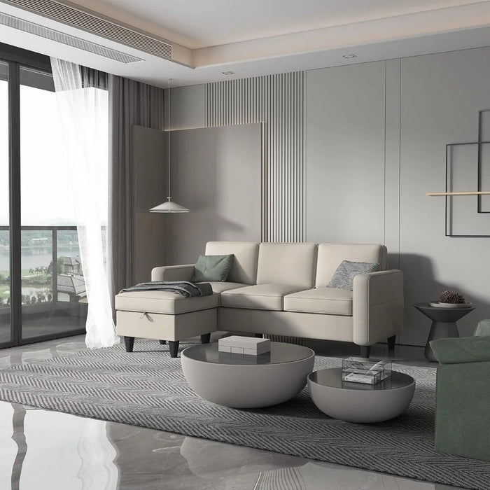Beige Convertible L Shaped Modular Modern Linen 3 Seater Sofa Sofa Furniture Set with Storage Footstool