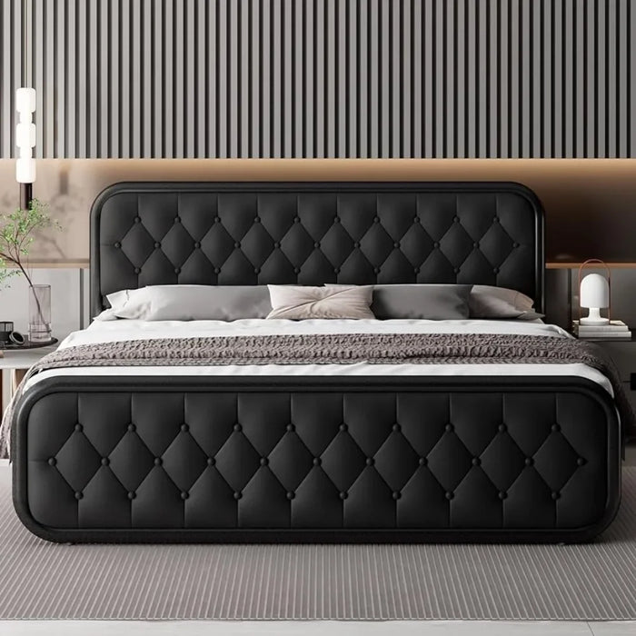 Bed frame Heavy-duty bed frame with faux leather headboard Bedroom furniture 12" under-bed storage Black platform bed