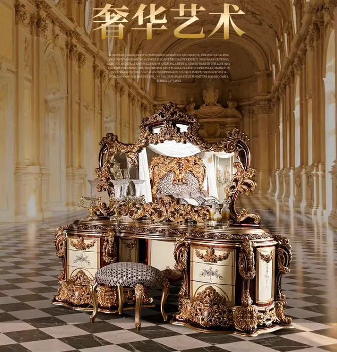 European style solid wood carving vanity French court golden makeup table villa vanity mirror table furniture customization
