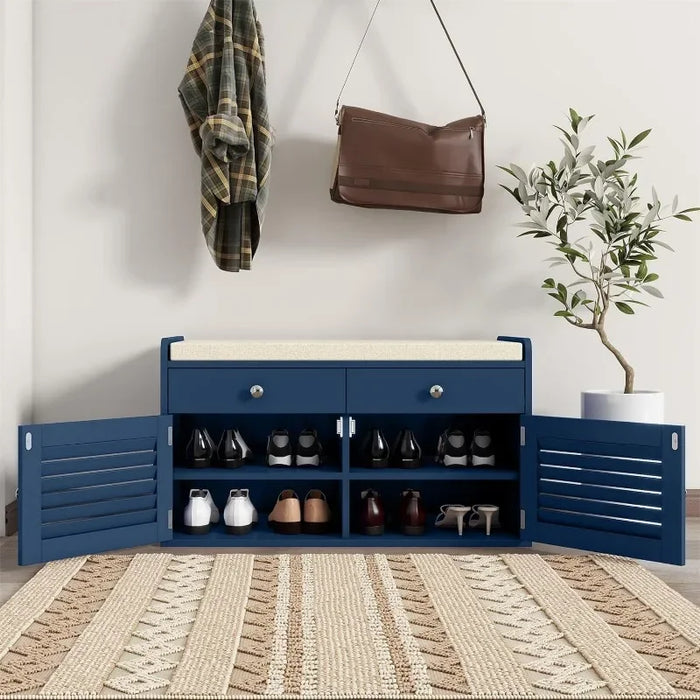 WARMHONIU Shoe Storage Bench with 2 Drawers & 2 Door Cabinet Entryway Bench with Shoe Storage Shoe Bench with Cushion