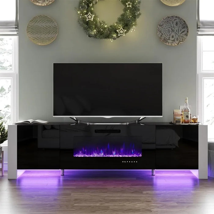 70" Fireplace TV Stand, High Gloss Entertainment Center with LED Lights, Modern Entertainment Stand for TVs up to 80", Black