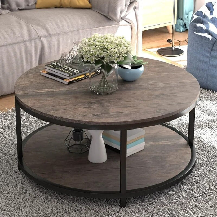 NSdirect NS Round, 36 inch Coffee Living Room,2-Tier Rustic Wood Desktop & Sturdy Metal Legs Table Modern Design Home Furniture