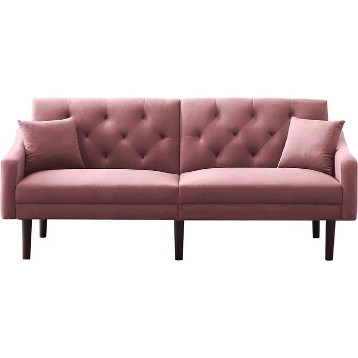 Convertible Sleeper Futon Sofa with 2 Pillows, Velvet Tufted Sofa with Metal Legs and Adjustable Backrest