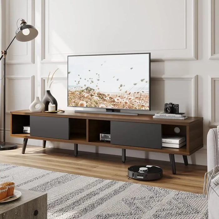 Low Profile TV Stand With Storage Living Room Tv Cabinet Cord Management Walnut Entertainment Center for Living Room Furniture