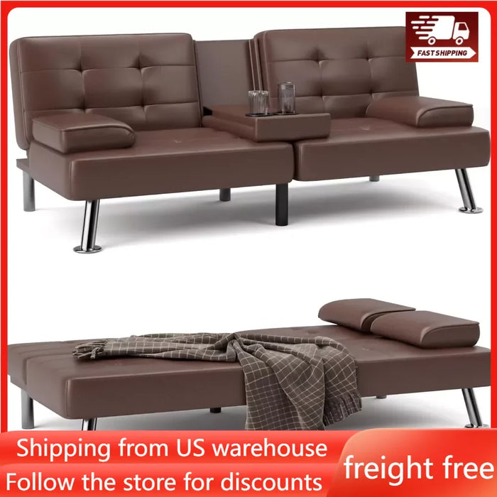 Convertible Folding Futon Sofa Bed Sleeper Couch for Living Room Faux Leather Upholstered w/Removable Armrests, 2 Cup Holders