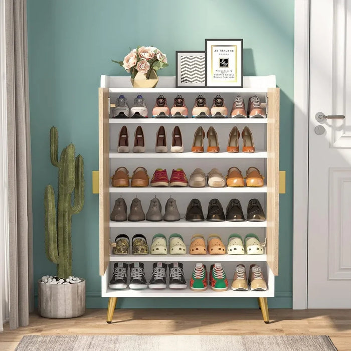 Shoe Storage Cabinet With Adjustable Shelves Closet Living Room Shoes Organizer Hallway Shoerack Furniture Wood and Gold