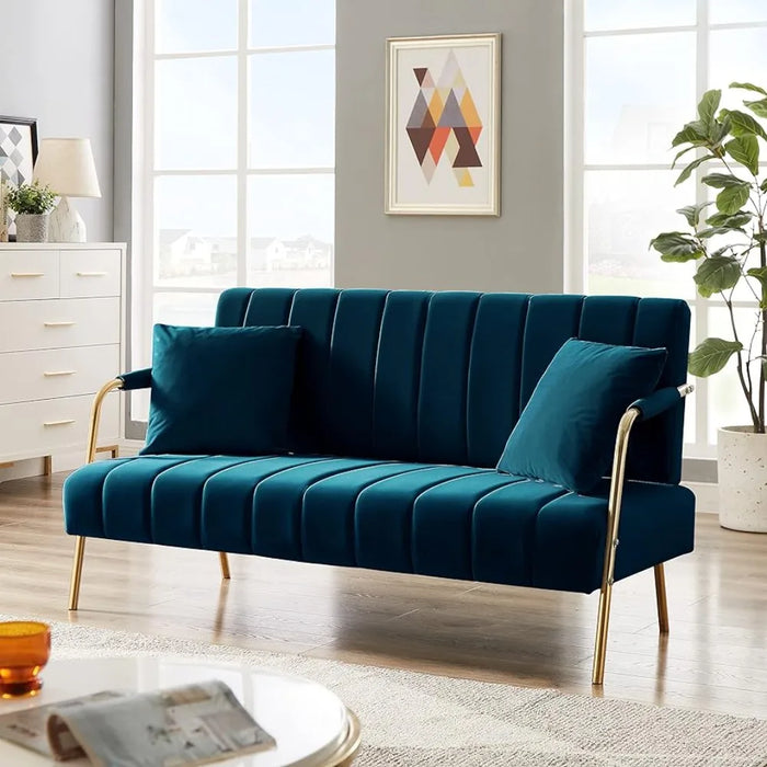 Velvet upholstered two-seater sofa tufted futon sofa with metal legs, throw pillows and cashmere fabric upholstery 2-seater sofa