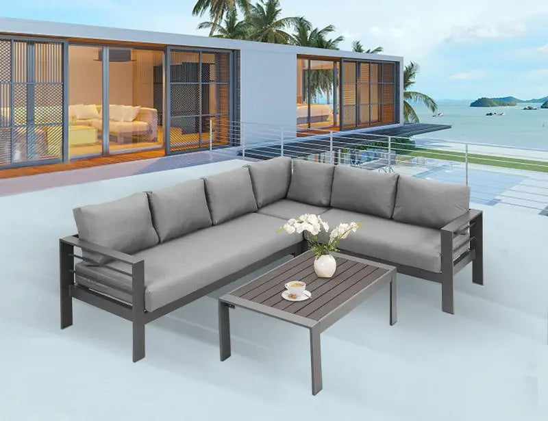 3-Pieces Outdoor All-Weather Conversation Set Sectional Sofa Corner Sofas Grey Aluminum with Dark Grey Cushions