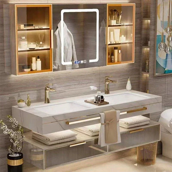 2024 Stock Modern Slate Bathroom Cabinet with Smart Mirror Ceramic Double Washbasin Bathroom Vanity Cabinets Under Sink