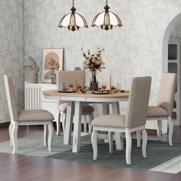 5-Piece Farmhouse Dining Table Set Wood Round Extendable Dining Table and 4 Upholstered Dining Chairs,Natural Wood/Antique White