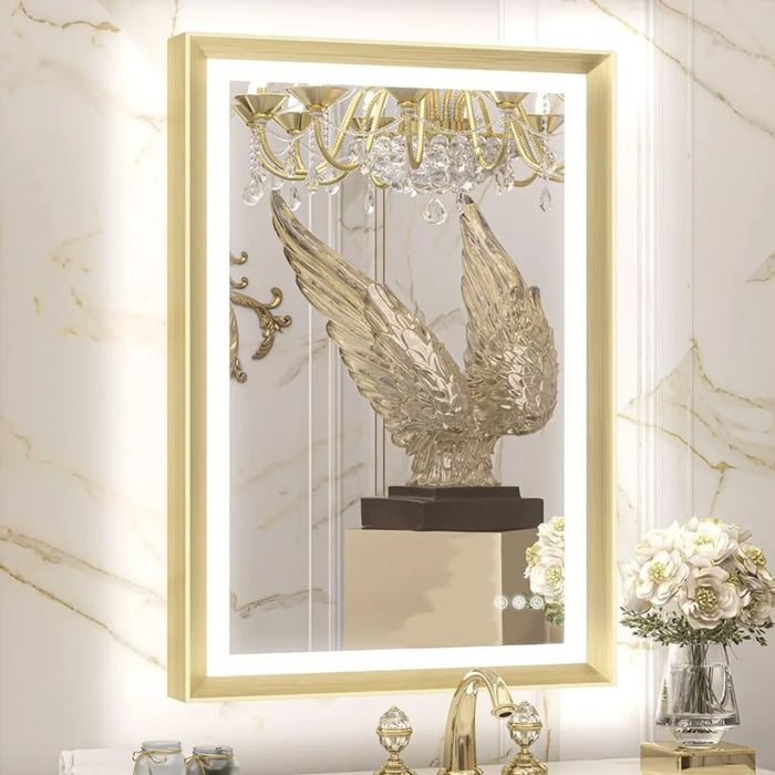 Bathroom Mirror, 24x36 Front And Back Light Makeup Mirror Frame, Baroque Anti Fog Stepless Dimming White, Bathroom Mirror