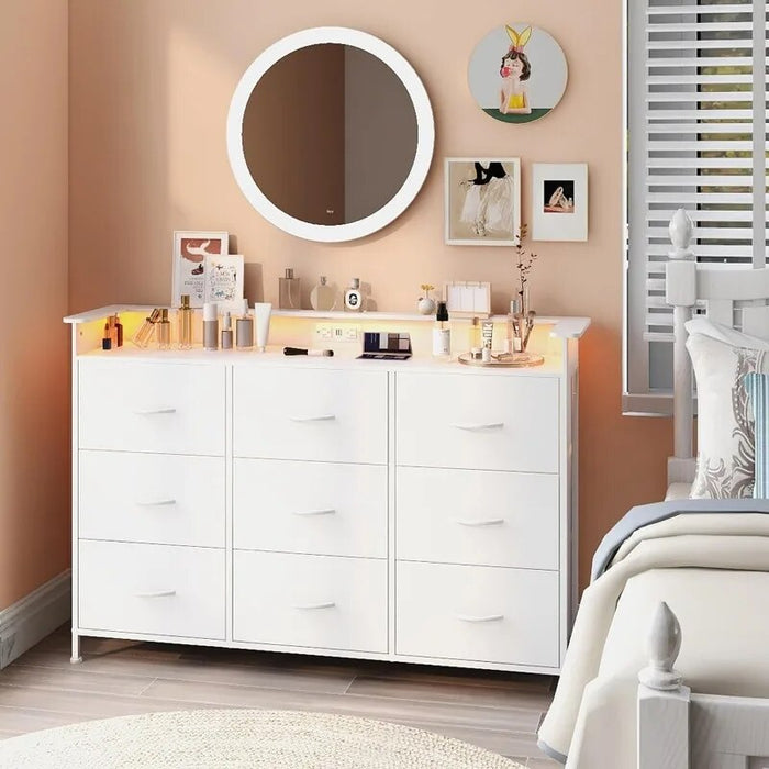 White Dresser with LED Light for Bedroom 9 Drawer Dressers with Charging Station Chests of Drawers for Entryway Closet Kids Room