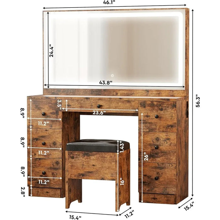 Dresser set with large LED lighting mirrors, power socket, 7 drawers, dresser, vanity, storage