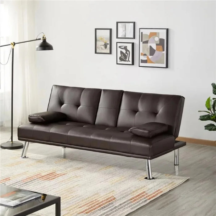 LuxuryGoods Modern Faux Leather Futon with Cupholders and Pillows, Espresso furniture living room living room furniture