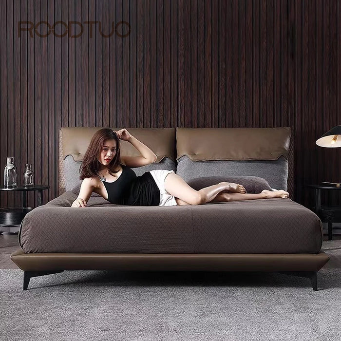 Minimalist Home Furniture Design Pine Wood King Size Leather Bedroom Bed Brown Queen Size Minimalist Double Bed