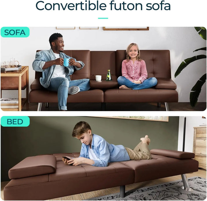 Comfy Modern Faux Lether Futon Couch Bed, Folding Recliner Sleeper Sofa with Adjustable Backrest,Multiple Colors