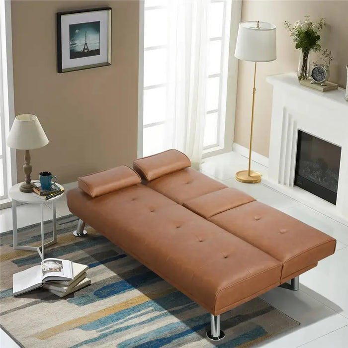 LuxuryGoods Modern Faux Leather Futon with Cupholders and Pillows, Brown