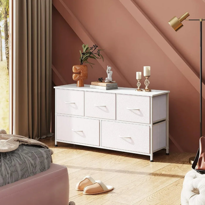 WLIVE Dresser for Bedroom with 5 Drawers, Wide Chest of Drawers, Storage Organization Unit with Fabric Bins for Closet