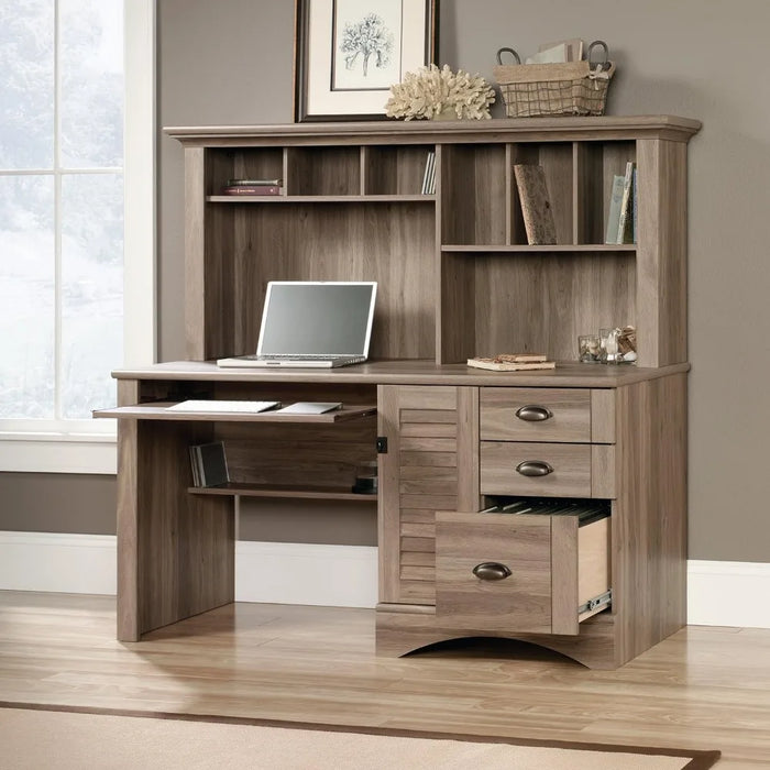 Sauder Harbor View Computer Desk with Hutch, Salt Oak finish