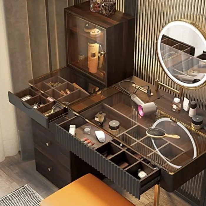 Premium Makeup Vanity Table with Stool,Dressing Table,LED Lighted Mirror,5 Drawers, Side Cabinet,Vanity Desk,Dresser Desk