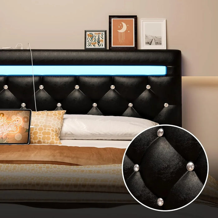 King Size Bed Frame with 4 Drawers, LED Lights , with Adjustable Crystal Button Tufted PU Leather Headboard, No Box Spring Neede