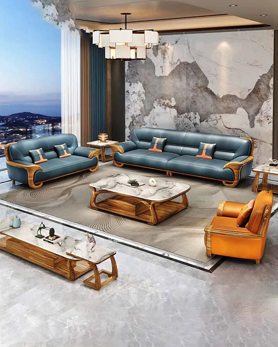 Modern minimalist leather sofa, new Chinese style solid wood size unit, European style living room, 2024 new combination