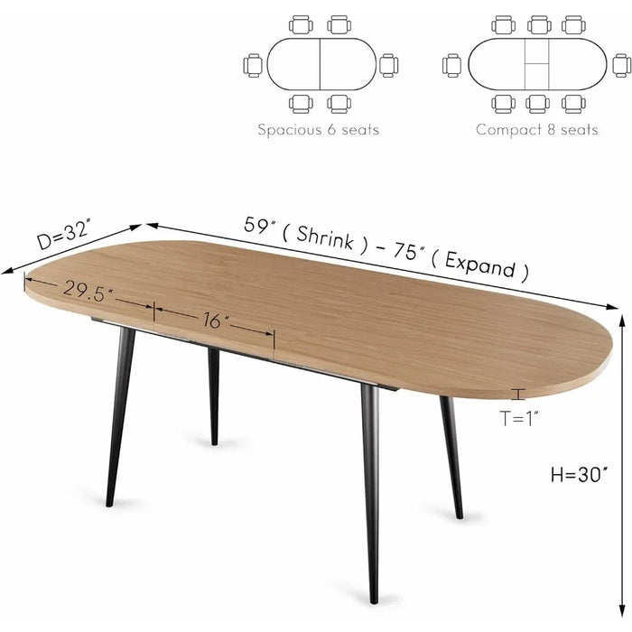 75" X 32" Expandable Dining Table - a Oval Wooden Table Top With Metal Legs Room Furniture Home